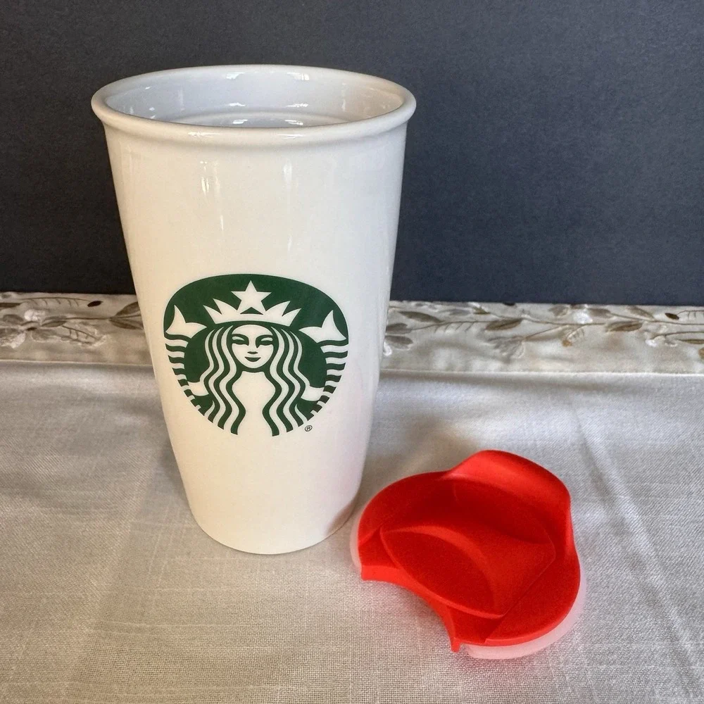 Starbucks Tumbler Ceramic Travel Coffee Mug White 12 Oz with Red Generic Lid
